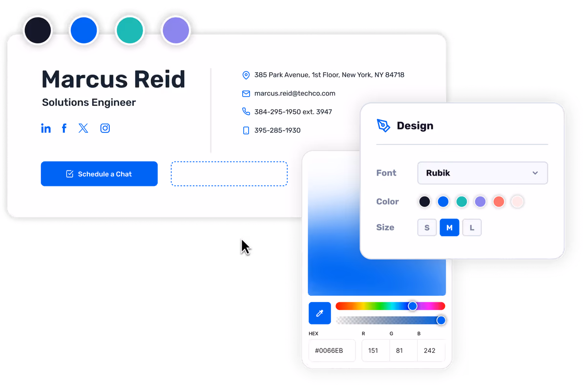 An email signature next to the Design panel, with font, color and size options