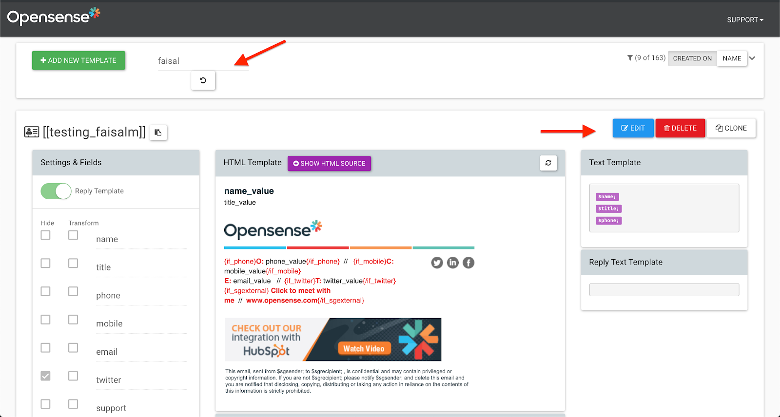 Designer Studio with a search term in the search box and the template's Edit button