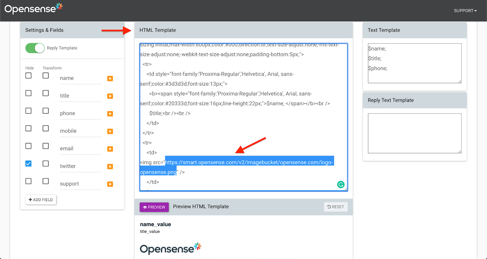 The HTML Template box in edit mode, with the logo's img src URL highlighted