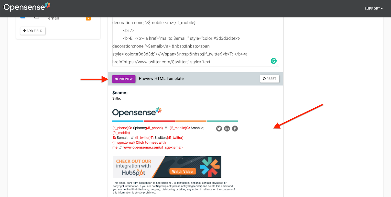 The Preview HTML Template section, with the Preview button and the rendered signature preview