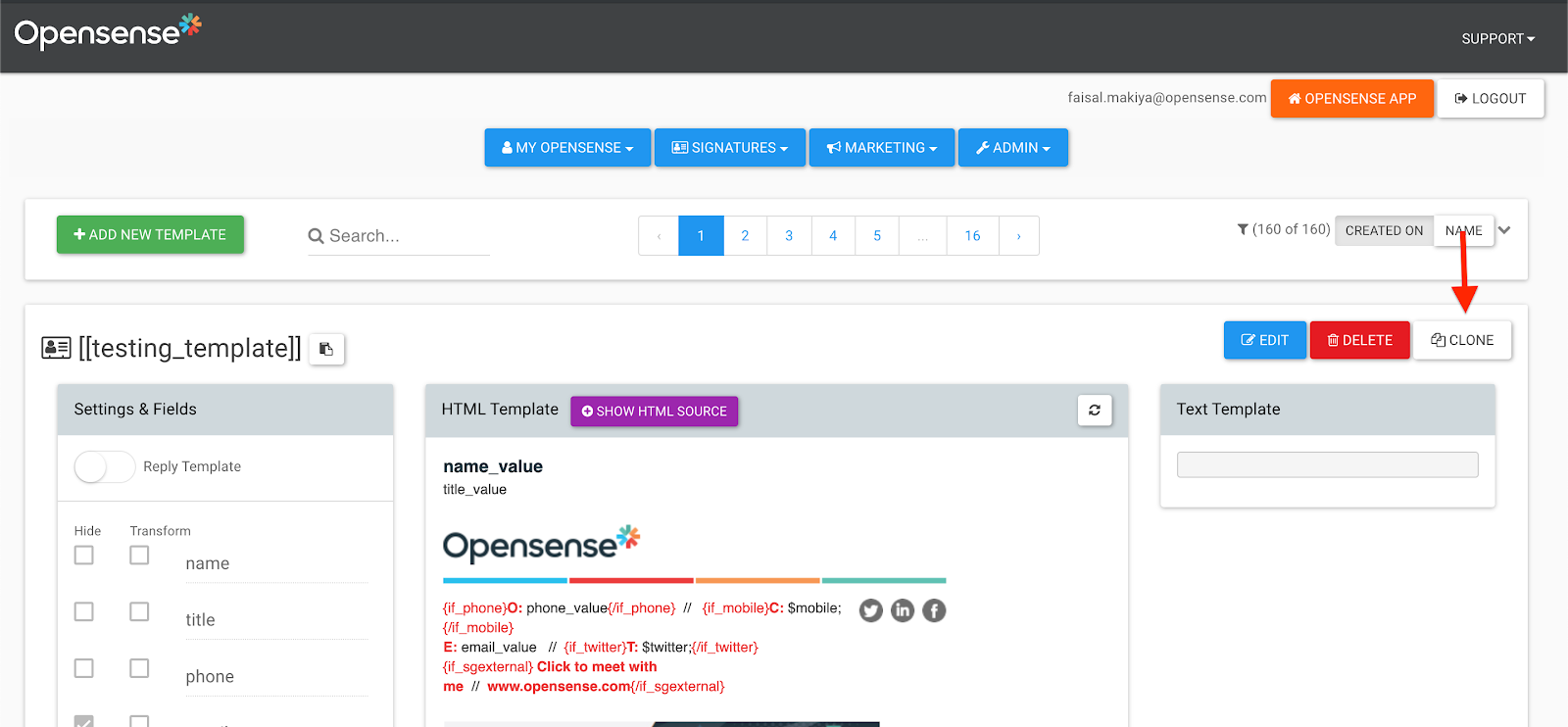 testing_template in Designer Studio, with the Clone button next to Edit and Delete