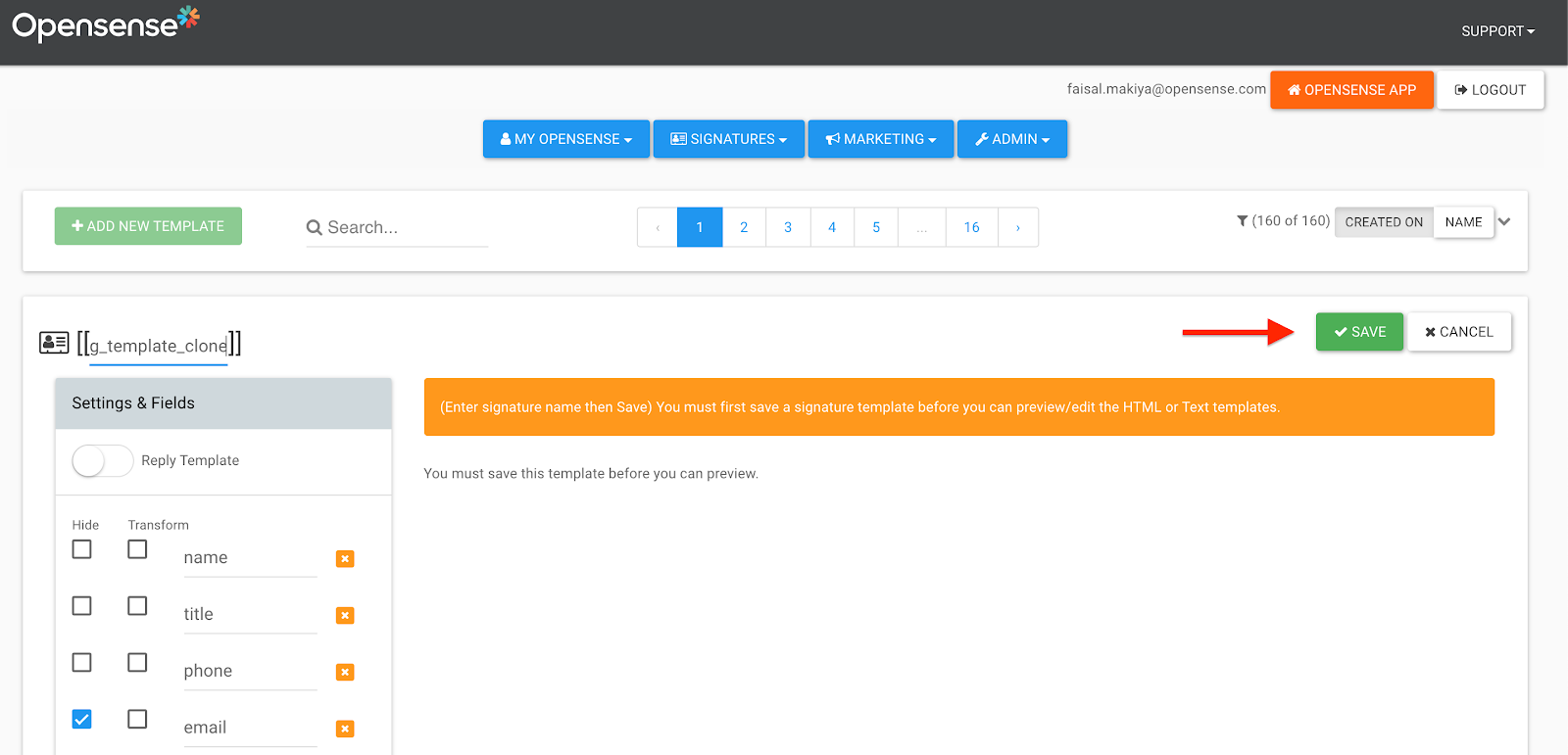 A cloned template with a name ending in _template_clone, and the green Save button