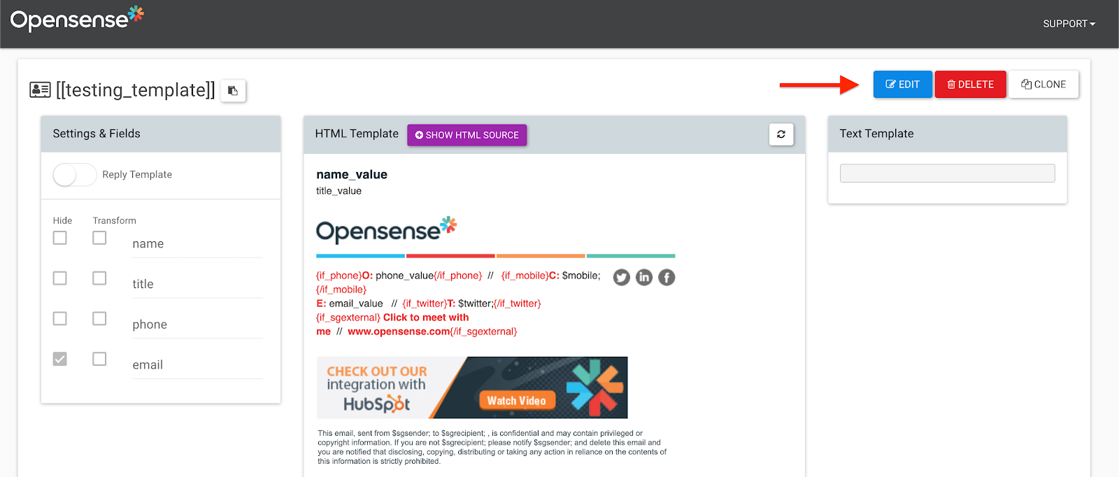 testing_template in Designer Studio, with the Reply Template toggle off and the blue Edit button