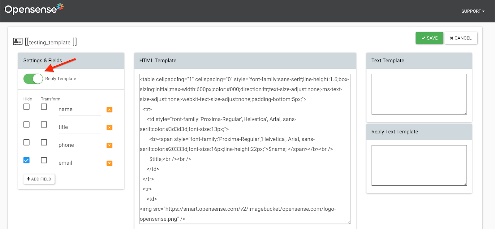 The template editor for testing_template, with the Reply Template toggle switched on