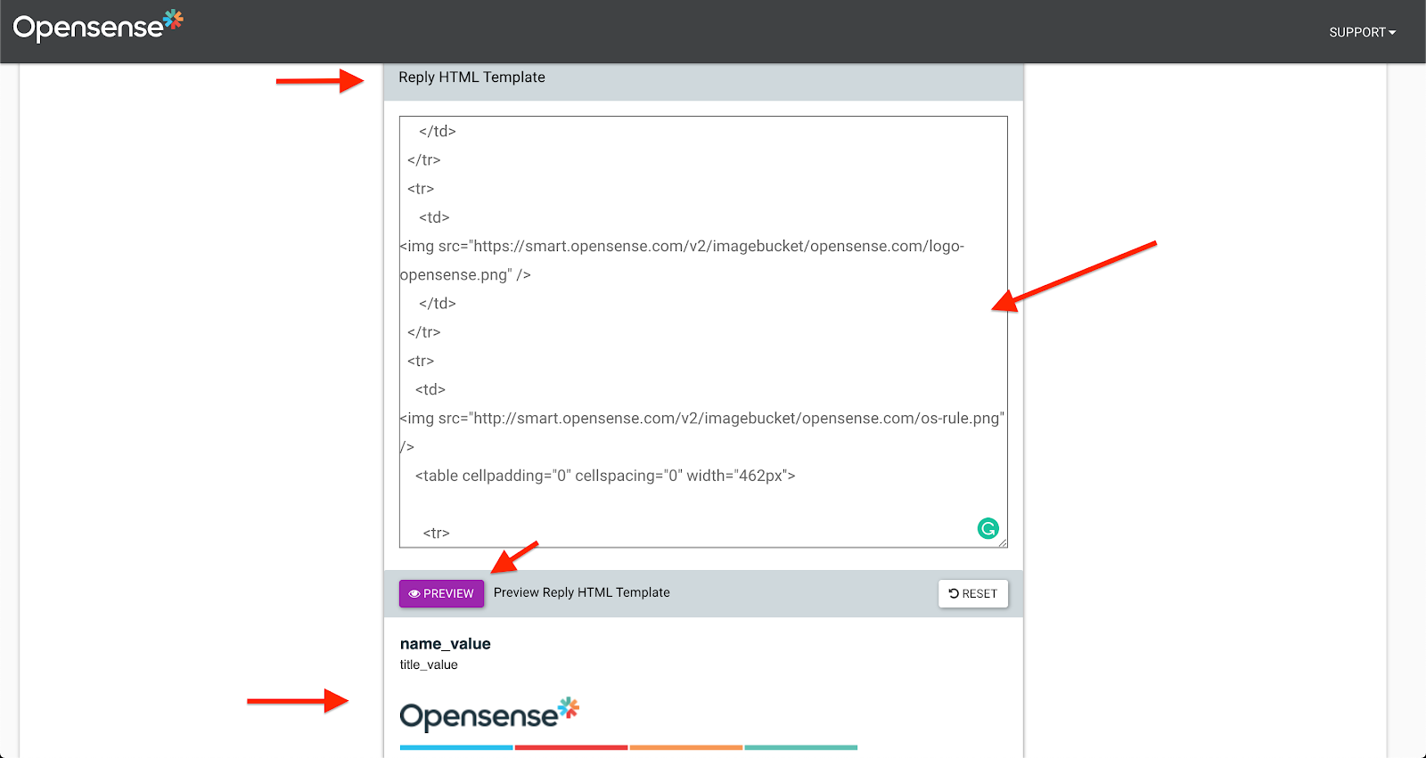 The Reply HTML Template box with HTML code, the Preview button, and the rendered reply preview