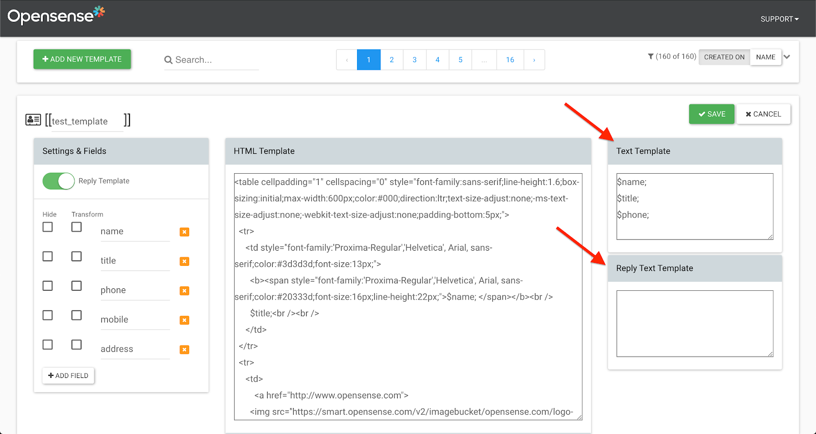 The template editor, with name, title, and phone fields in the Text Template box, and an empty Reply Text Template box