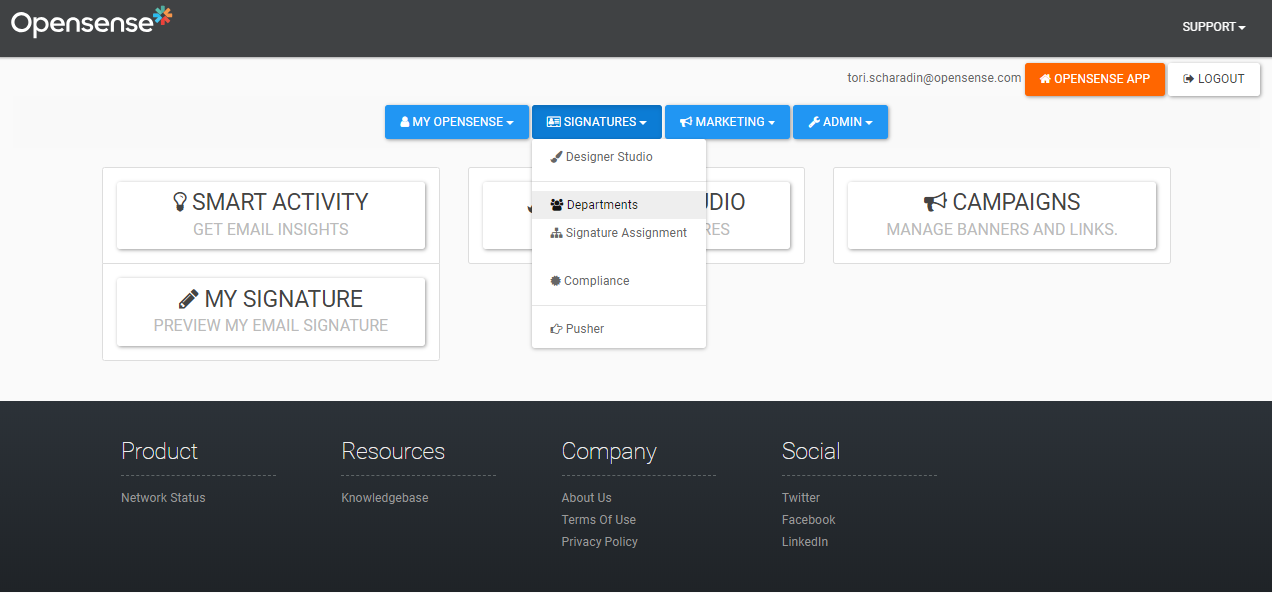 The classic portal home with the Signatures menu open and Departments highlighted