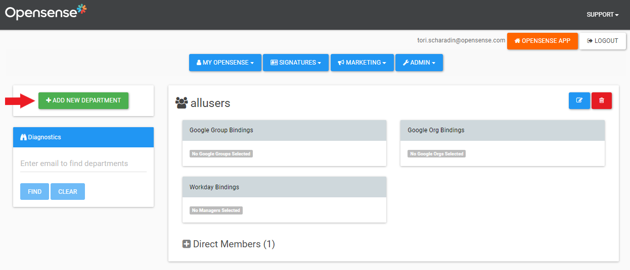 The Departments page, with the green Add New Department button next to the allusers department
