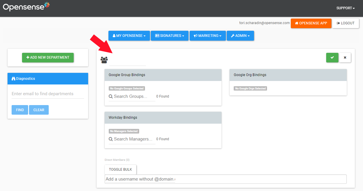 The new department form, with the empty name field next to the three-people icon
