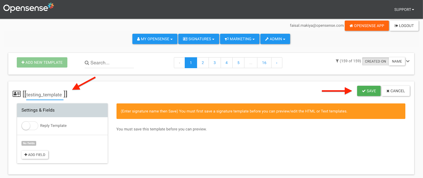 A new template named testing_template, with the name field and the green Save button