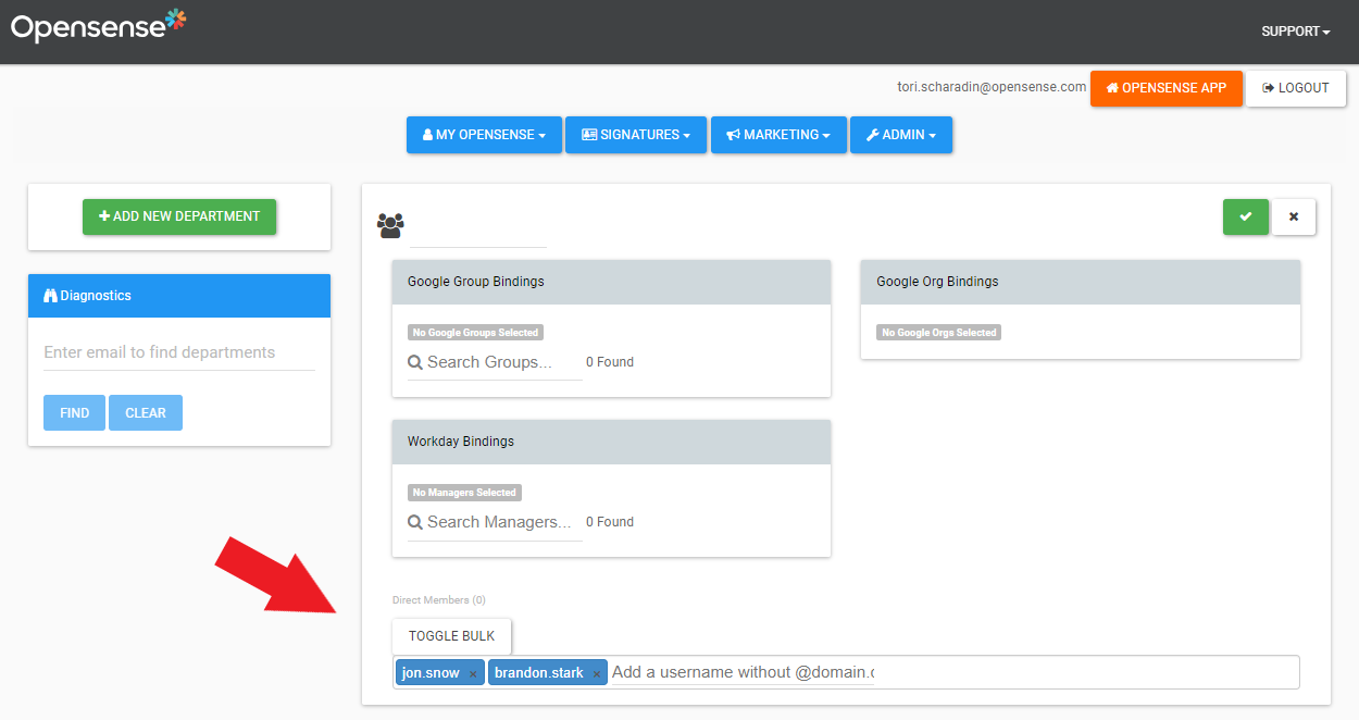 The new department form, with Direct Members, the Toggle Bulk button, and two usernames in the username box