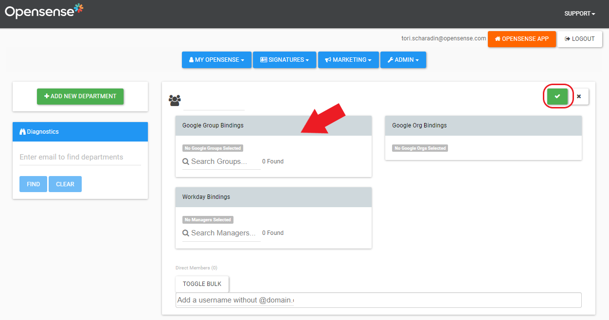The new department form, with Google Group Bindings and the green check button
