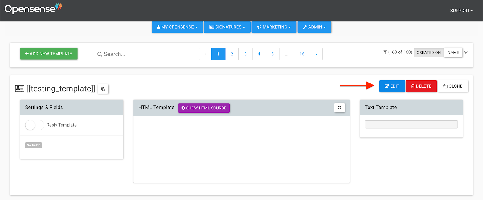 testing_template in Designer Studio, with the blue Edit button next to Delete and Clone