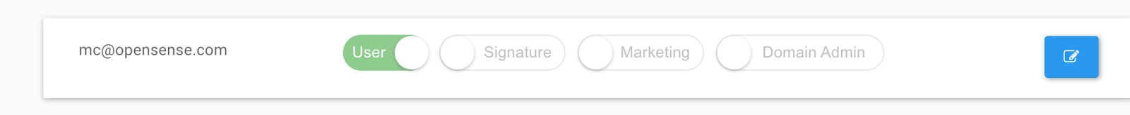 A user row with the User toggle on, Signature, Marketing, and Domain Admin off, and the blue edit button