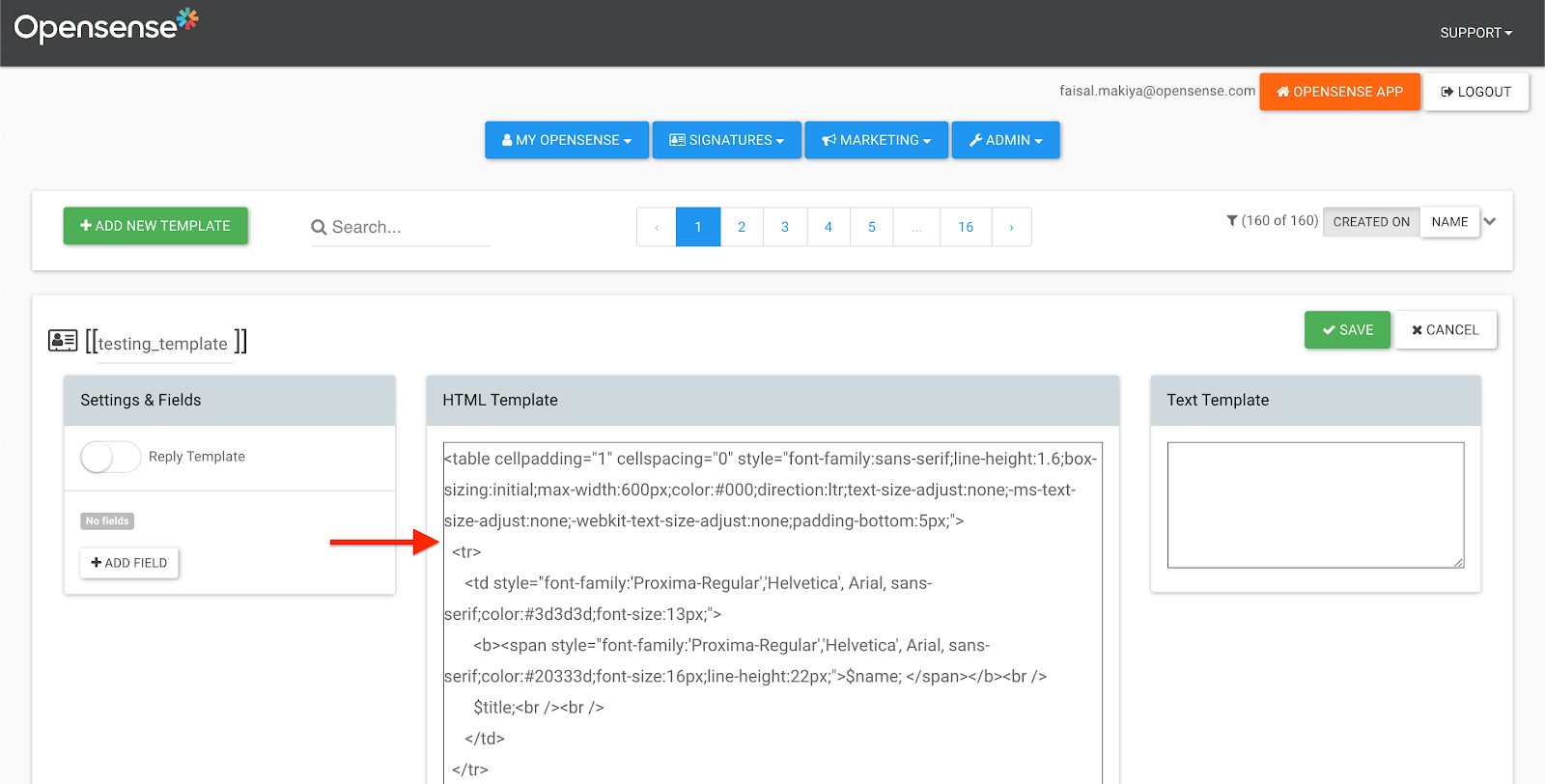 The template editor for testing_template, with HTML code in the HTML Template box