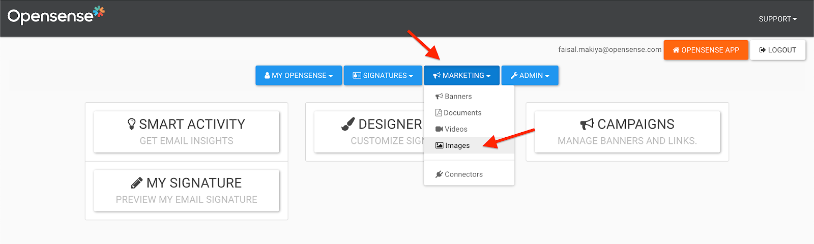 The classic portal home with the Marketing menu open and Images highlighted