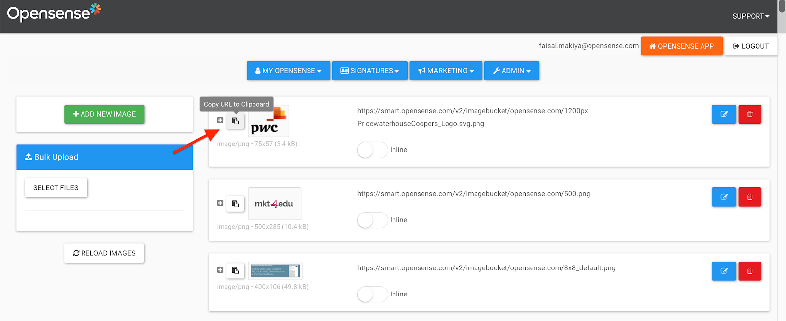The Images page, with the Copy URL to Clipboard button on the first image