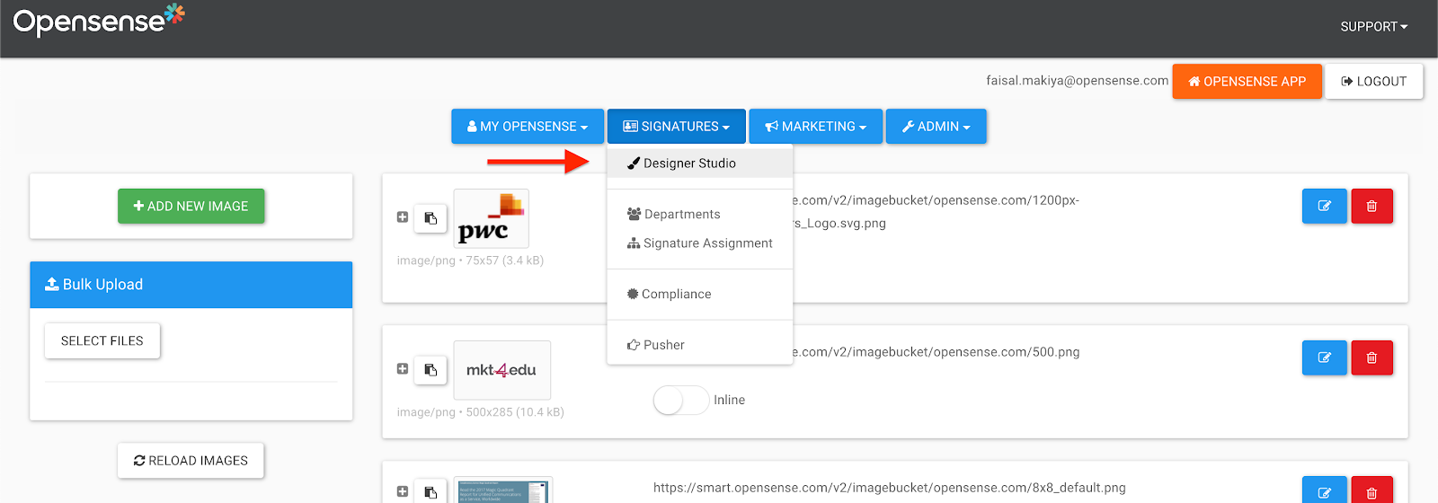 The Signatures menu open over the Images page, with Designer Studio highlighted