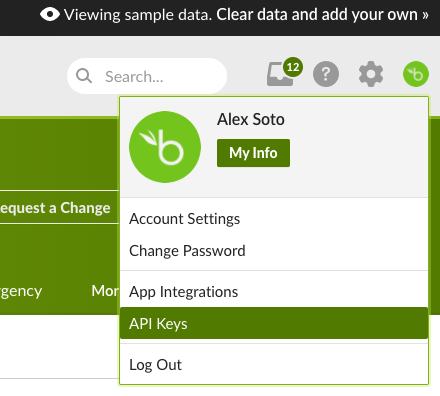 The BambooHR account menu, with API Keys highlighted