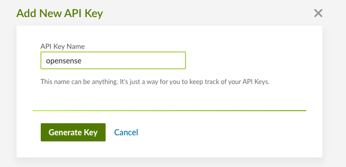 The Add New API Key dialog, with the key name opensense and a Generate Key button
