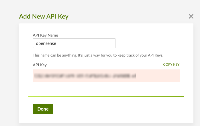 The Add New API Key dialog with the generated API key and the Copy Key link
