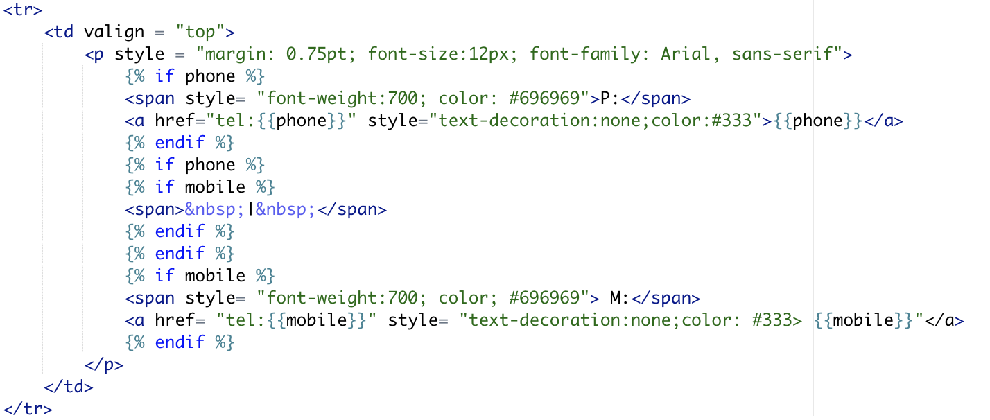 HTML code with separate if blocks for phone and mobile, and a nested condition that shows the separator only when both fields have values