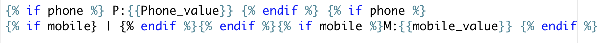 One line of template logic: the phone, a nested phone-and-mobile check around the separator, then the mobile