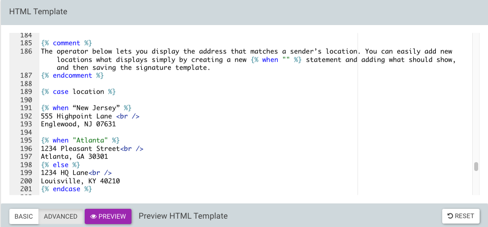 Template code with a comment, then a case statement on location with New Jersey and Atlanta branches and an else branch for the HQ address