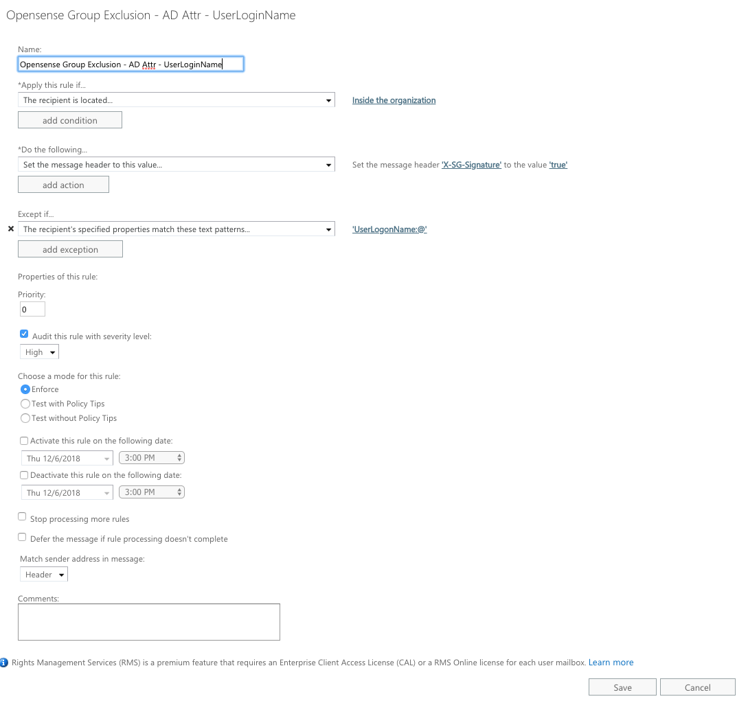 The exclusion rule in the classic Exchange admin center: apply if the recipient is inside the organization, set the message header X-SG-Signature to true, except if the recipient's UserLogonName matches @, priority 0