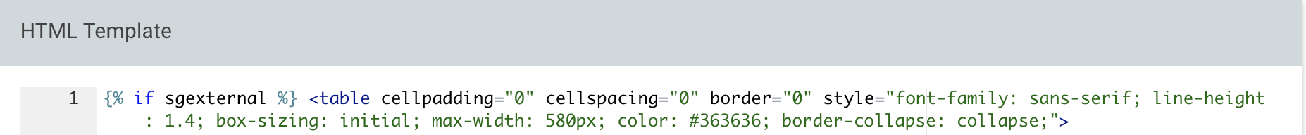 The HTML Template editor, line 1, where {% if sgexternal %} opens before the signature's table tag