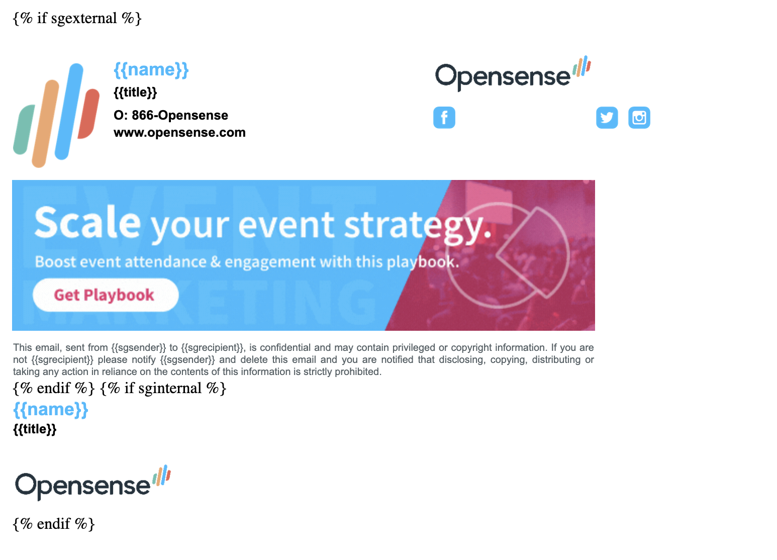 Preview of two signatures: a full one inside the sgexternal wrap, with logo, contact details, social icons, banner, and disclaimer, and a name-and-logo one inside the sginternal wrap