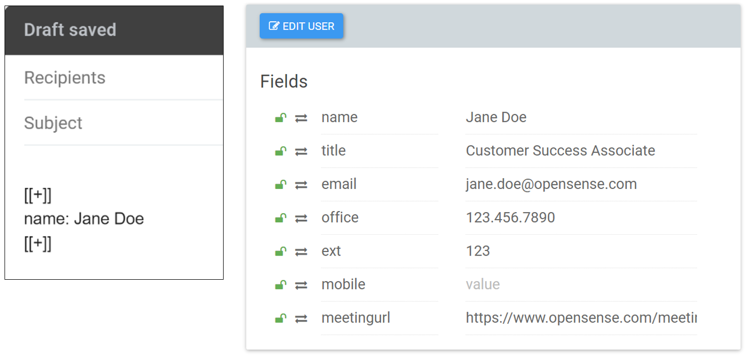 A draft email whose signature block shows only the name field, beside the user's Fields list with name, title, email, office, ext, mobile, and meetingurl