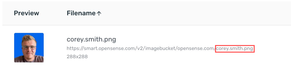 An image named corey.smith.png in the asset list, with the file name highlighted at the end of its image URL