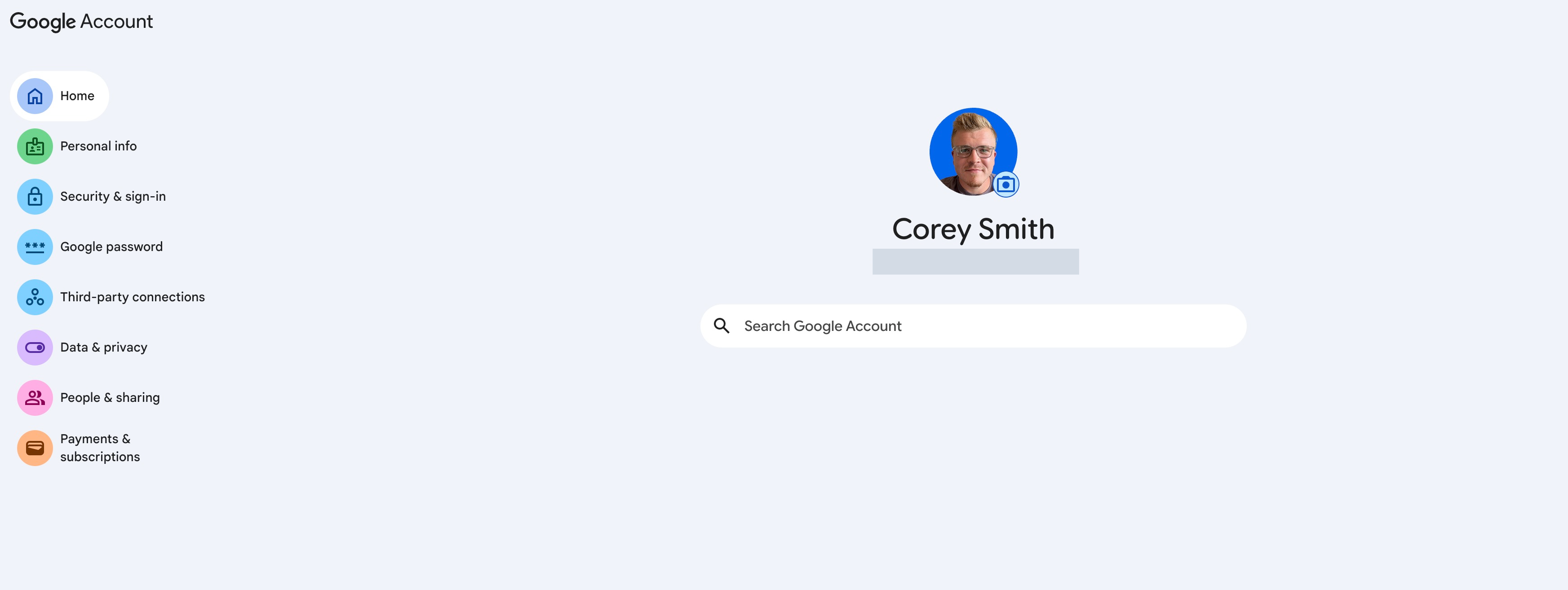 Google Account home page with the camera icon on the profile picture