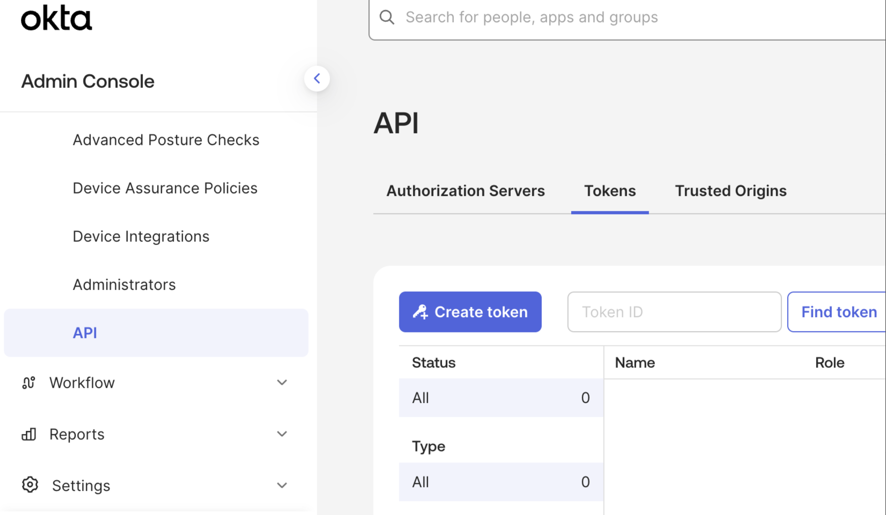 The Okta Admin Console API page on the Tokens tab, with a Create token button