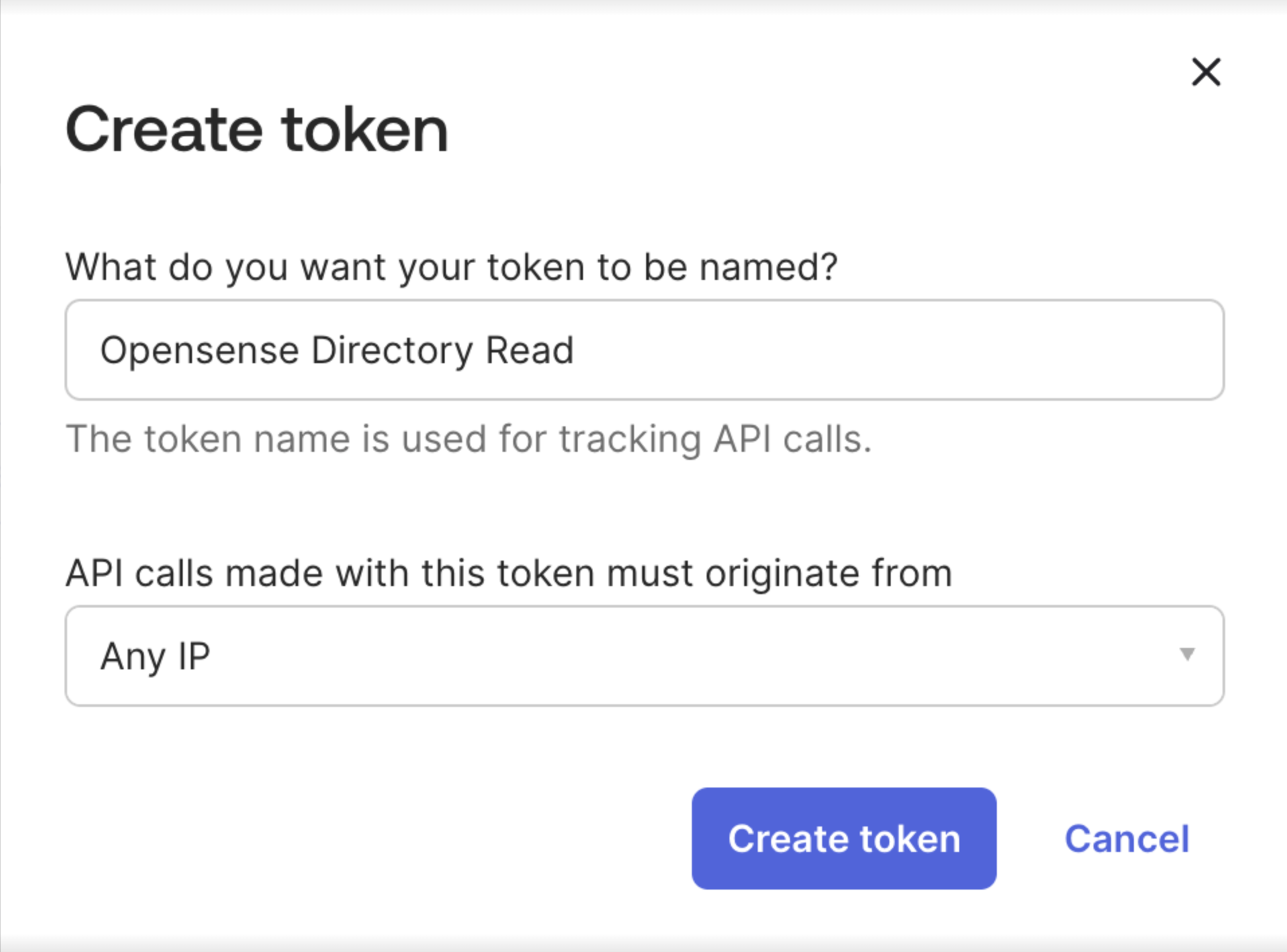 The Okta Create token dialog, with a token name and Any IP selected