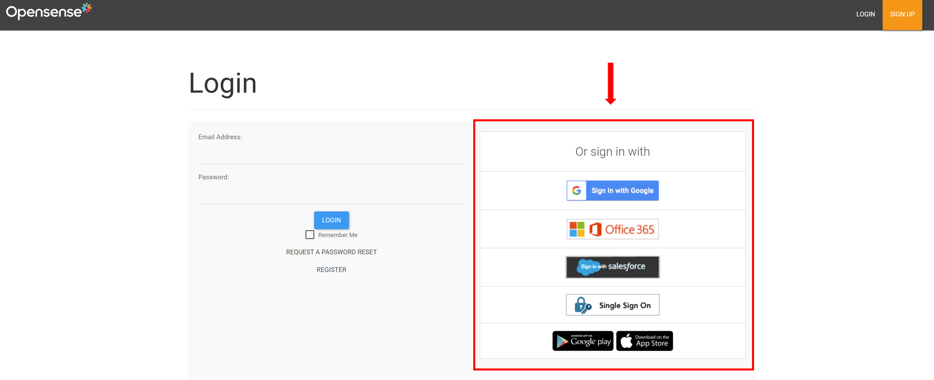 The classic Opensense Login page, with the Or sign in with options: Google, Office 365, Salesforce, and Single Sign On