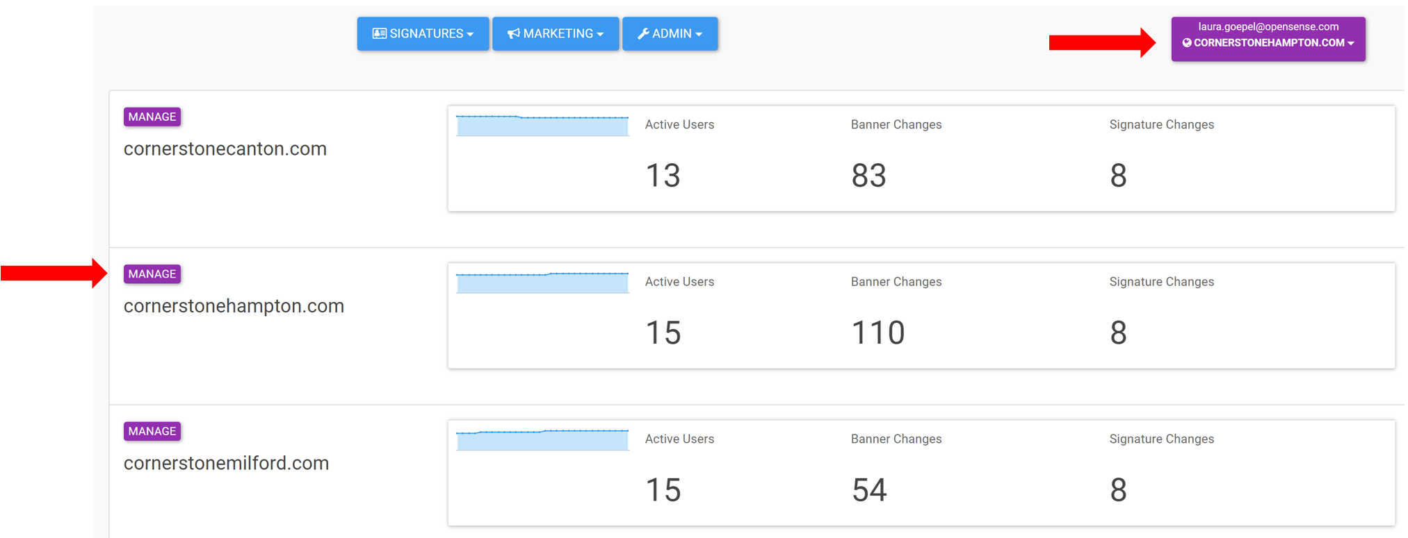 The linked accounts page, with the purple domain box in the upper right and a Manage button above each domain