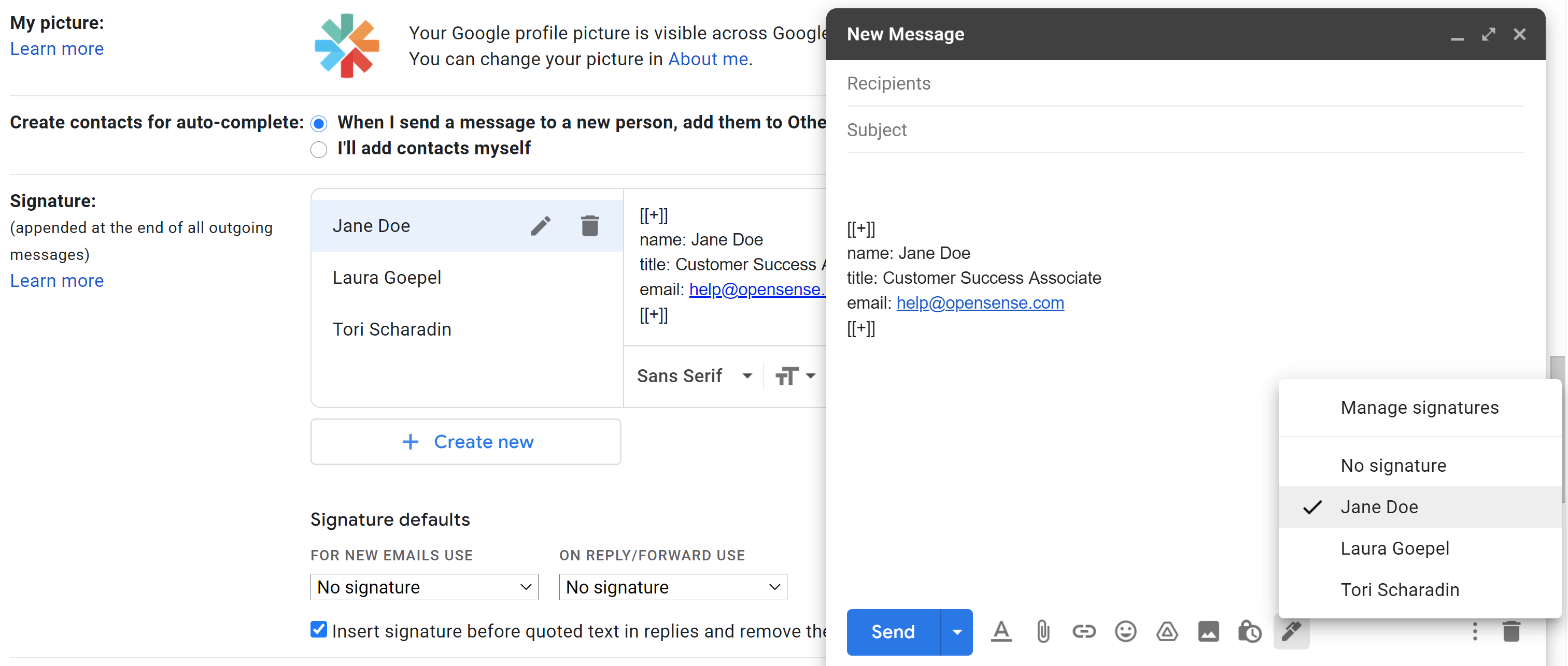 Gmail signature settings with three saved signature blocks, and the compose window's signature menu for choosing one