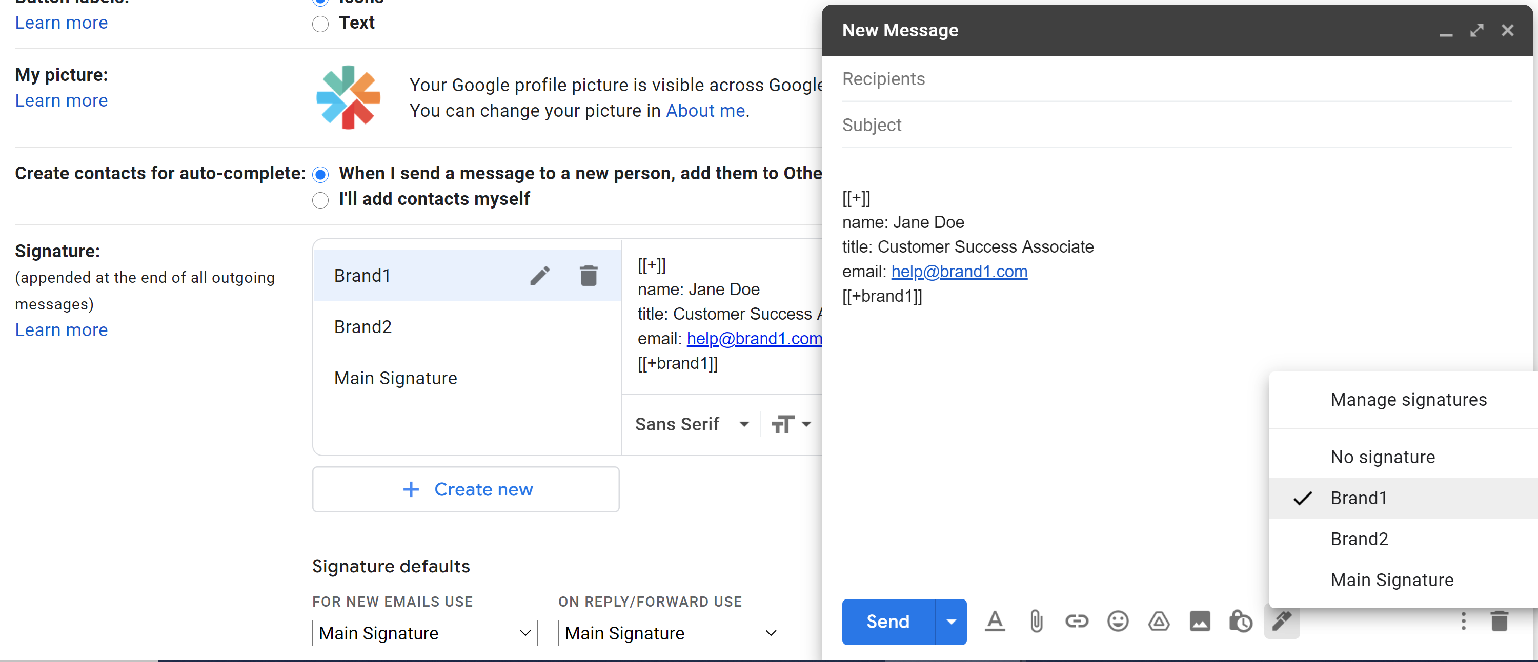 Gmail signature settings with Brand1, Brand2, and Main Signature, and the compose window using the Brand1 block that ends in the brand1 token