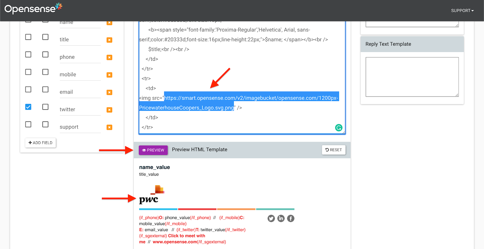 The HTML Template box with the new image URL, the Preview button, and the updated logo in the preview
