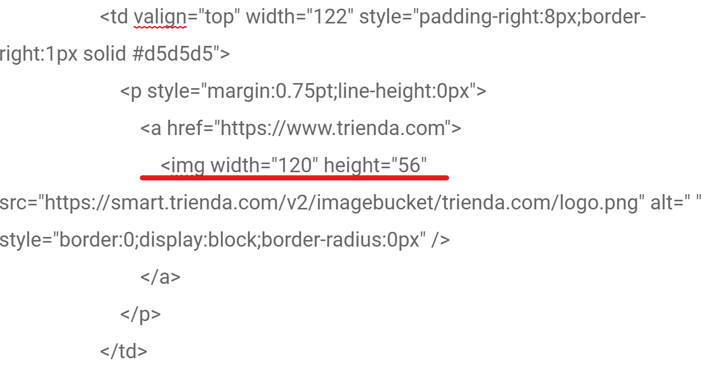 HTML code for a logo link, with the img tag's width and height attributes underlined