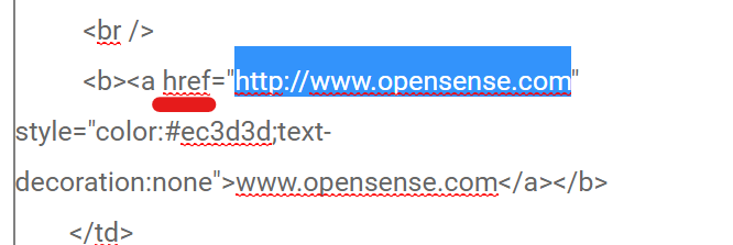 HTML code with the href attribute underlined and its URL, http://www.opensense.com, highlighted between the quotation marks