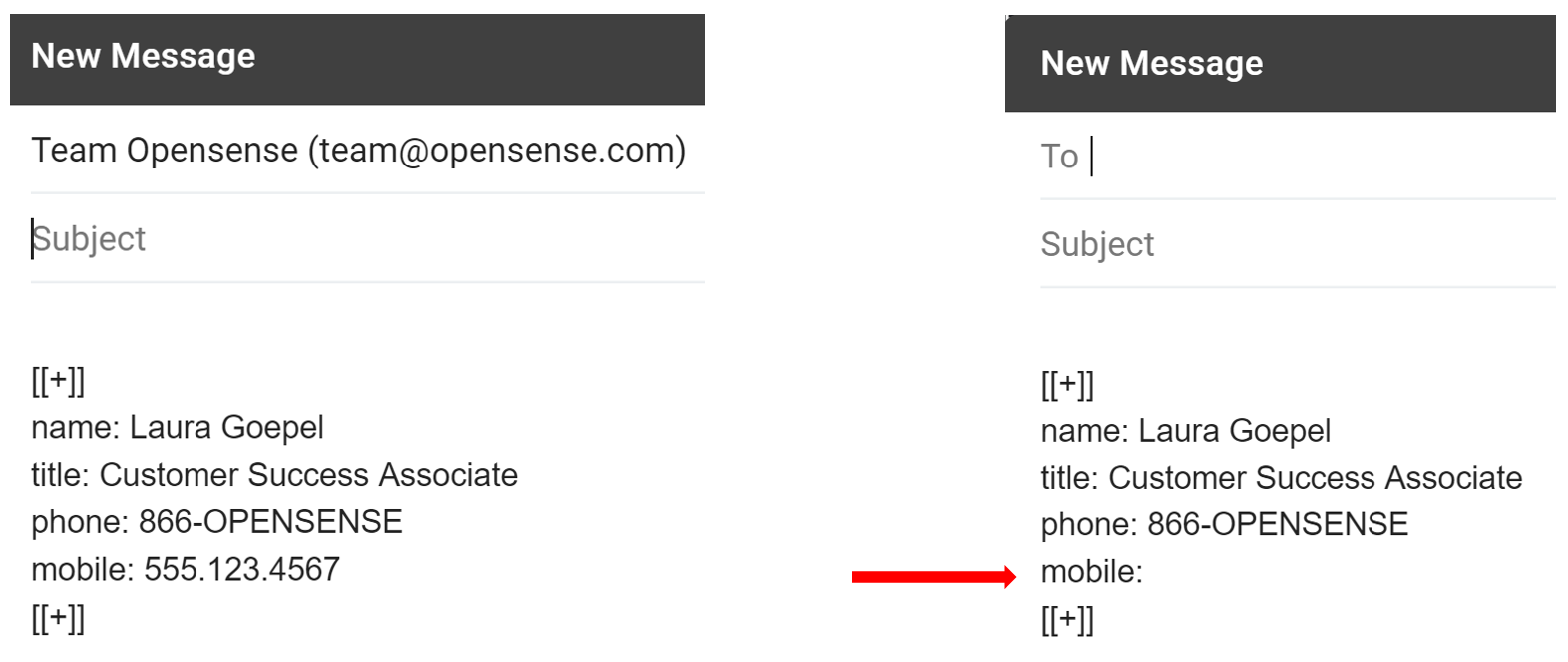Two Gmail compose windows with the same signature block: the second has the mobile number deleted