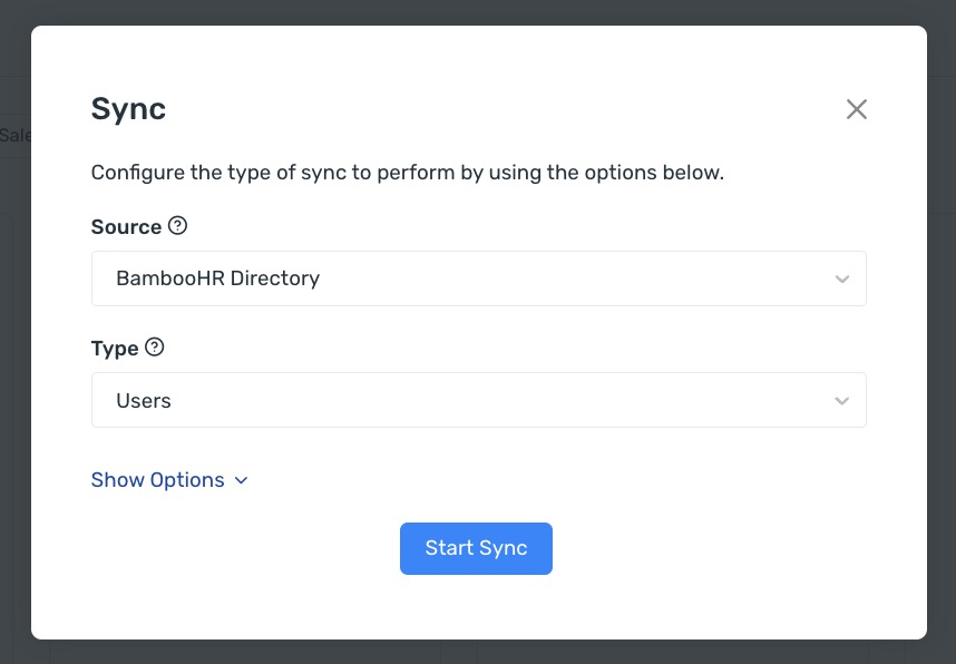 The Opensense Sync dialog, with the source BambooHR Directory, the type Users, and a Start Sync button