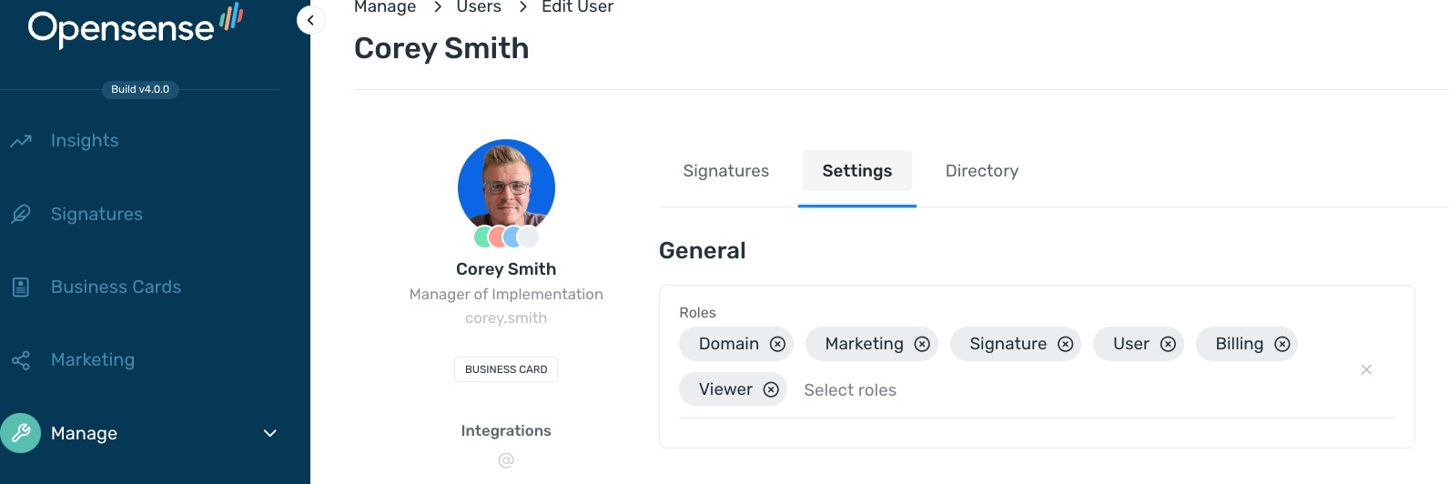 Edit User page with the Settings tab open and the Roles field showing the Domain, Marketing, Signature, User, Billing, and Viewer roles