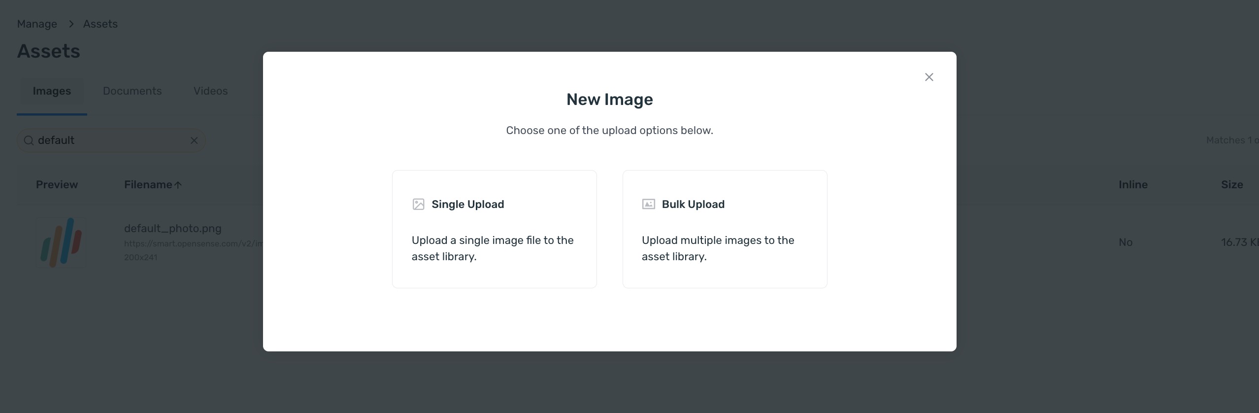 The New Image window on the Assets page, with the Single Upload and Bulk Upload options