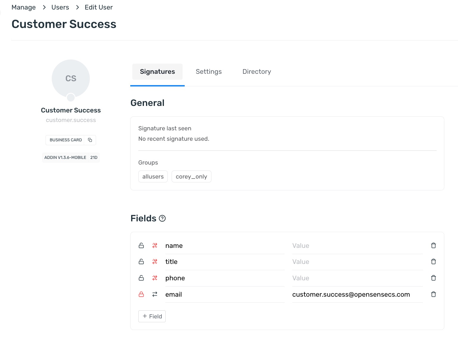 The Edit User page for a shared Customer Success address, with the name, title, and phone fields empty, unlocked, and with their sync broken