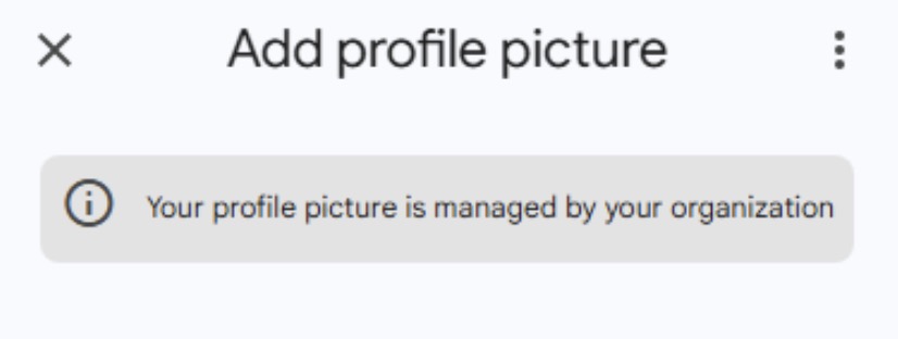 Add profile picture dialog with the message Your profile picture is managed by your organization