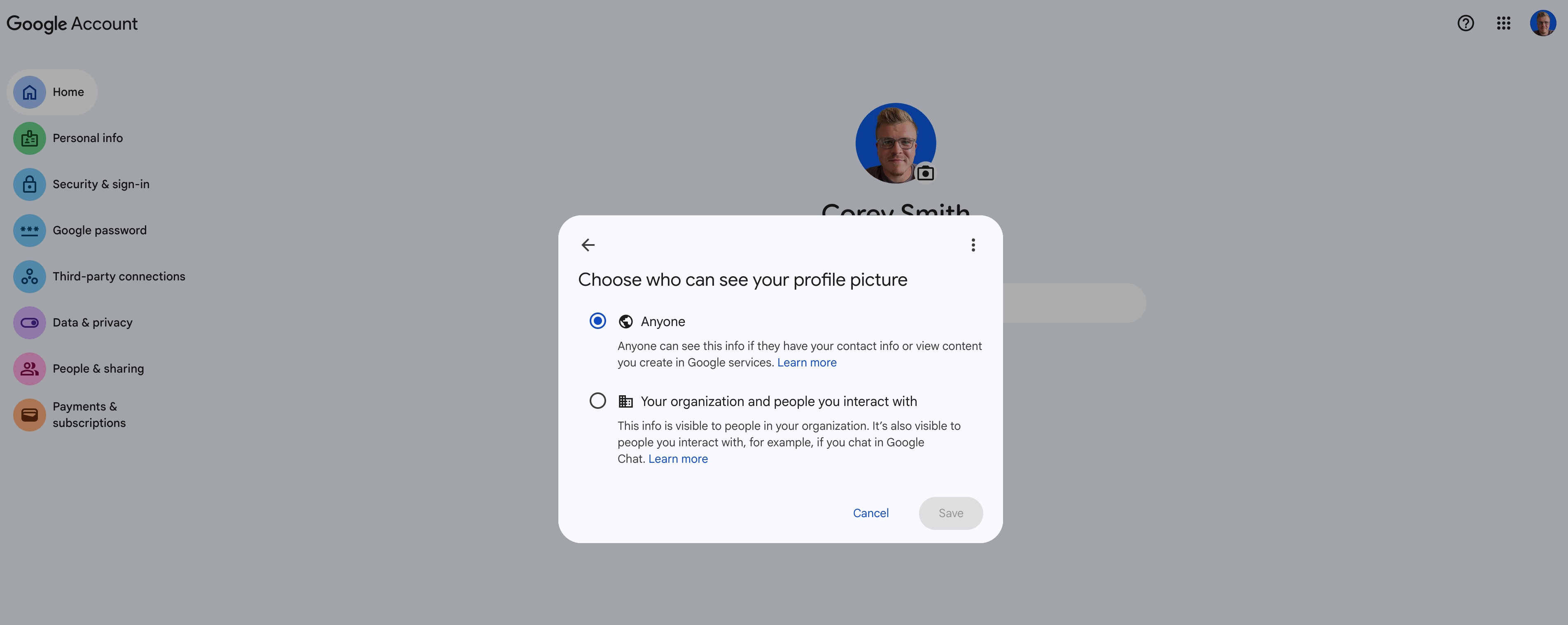 The Choose who can see your profile picture dialog, with Anyone selected over Your organization and people you interact with